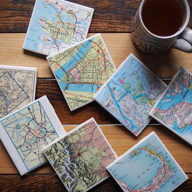 Custom Order for Emily - Repurposed Vintage Map Coasters - Multiple Locations - Two Sets of Four - Ceramic Tile - Handmade 