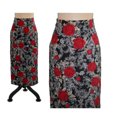 90s Long Floral Maxi Pencil Skirt Women Small Size 6 Petite, High Waist Ultrasuede Black with Red Roses Print 1990s Clothes Vintage Clothing 