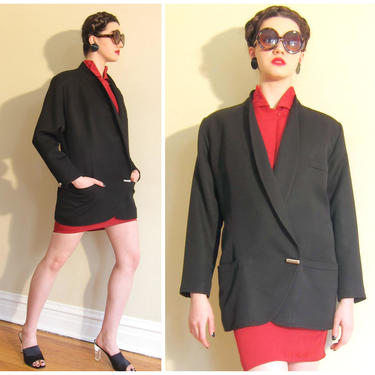 80s Versace Blazer / 1980s Black Blazer / Designer Blazer in Black Wool /  Minimalist / Medium 