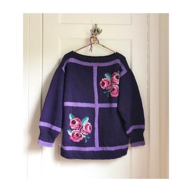 Handmade vintage 1980s/1990s Purple Rose Sweater- size large or oversize small/med 