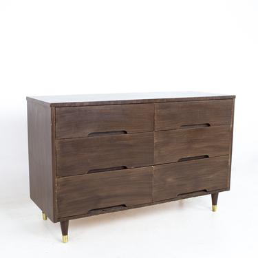 Mid Century Walnut and Brass 6 Drawer Lowboy Dresser - mcm 