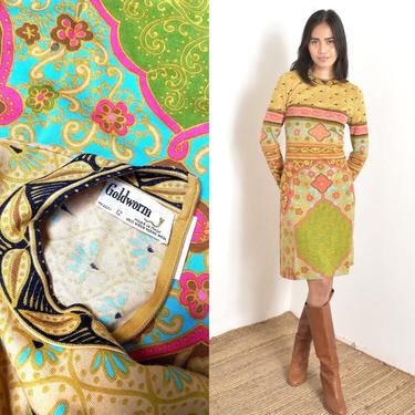 Vintage 1960s Dress / 60s Goldworm Printed Wool Knit Dress / Yellow Pink Green ( medium M ) 