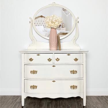 NEW - Vintage White Four Drawer Dresser with Oval Beveled Mirror 