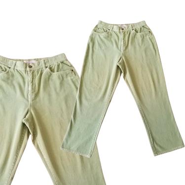 Vintage Celery Green Corduroy Pants, Large / High Rise Cotton Pants / 1990s Bill Blass Jeanswear / Stretch Wide Leg Corduroy Slacks 