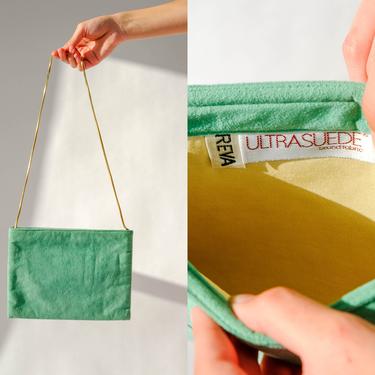 Vintage 70s Reva Ultrasuede Teal Envelope Shoulder Hand Bag w/ Gold Snake Chain Strap | Halston Style | 1970s Designer Vegan Leather Bag 