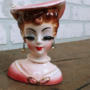 Vintage Pink with Pearls and Hat Woman's Head Bust Vase Made in Japan 