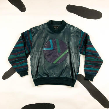 80s 90s Saxony Patchwork Leather Applique Sweater / Large / 3d Knit / Crazy Knit / Biggie / Notorious BIG / Abstract / Yams / ASAP / L / 