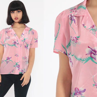 Tropical Shirt Hawaiian Shirt 80s Floral Blouse Pastel Pink Button Up Shirt Vintage Semisheer Beach Sea Ocean Vacation Medium 