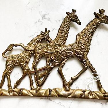 Vintage 5 Hook Embossed Brass Family of Giraffe Key Holder or Wall Hooks by LeChalet