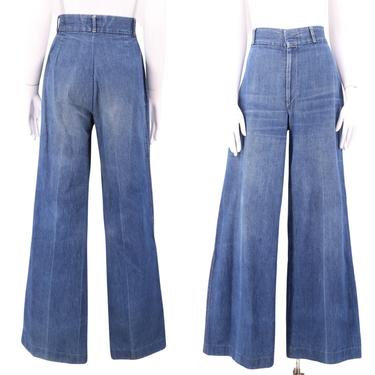 70s HIS denim high waisted bell bottom jeans sz 30 / vintage 1970s trouser style wide leg bells flares pants 10 