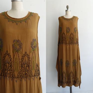 Vintage 20s Beaded Drop Waist Silk Dress/ 1920s Flapper Sleeveless Brown Gown/ Size Medium 