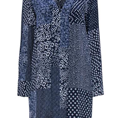 Diane von Furstenberg - Navy & White Patchwork Print Silk Shift Dress Sz M