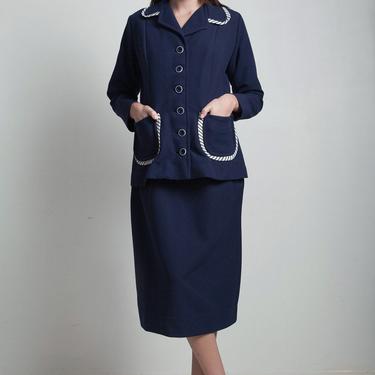 vintage 70s navy blue suit stripe trim jacket top flat collar below the knee skirt poly knit MEDIUM LARGE M L 