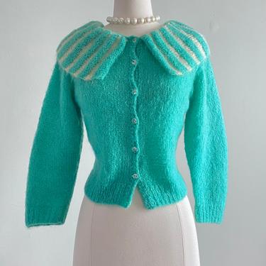 1950's Turquoise Mohair Cardigan With Striped Collar / MED