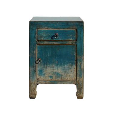 Distressed Teal Blue Lacquer Drawer End Table Nightstand cs5431S