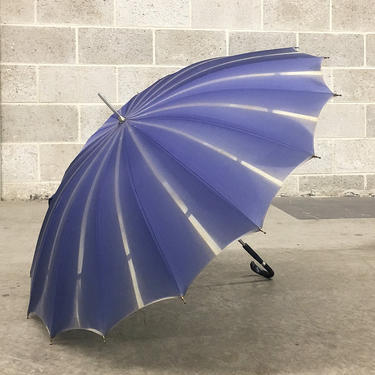 Vintage Umbrella Retro 1960s Blue with Black Crook Handle + Parasol + Vinyl + Metal + Rain + Weather + Gear + Outdoor + Mid Century + Style 