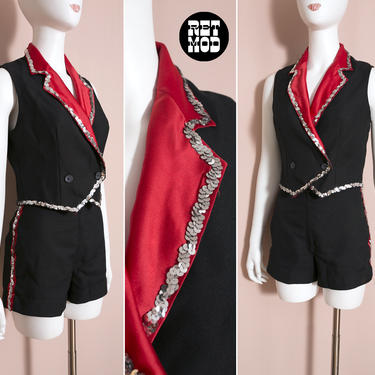 Fun Vintage 70s Black & Red Tuxedo Style Sequin Shorts Set 