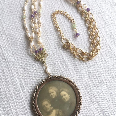 Sister Suffragette [assemblage necklace: antique photo pendant, pearl, amethyst, peridot, vintage chain] 