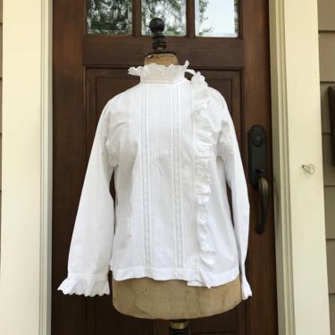 French Embroidered Chemise Blouse, Ruffled Collar, Sleeves, White Cotton, Period Clothing 