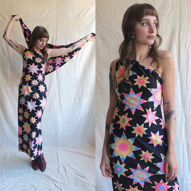 Vintage 70s One Shoulder Star Print Maxi Dress with Matching Shawl/1970s Sleeveless Disco Psychedelic Print Dress/ Size Small 
