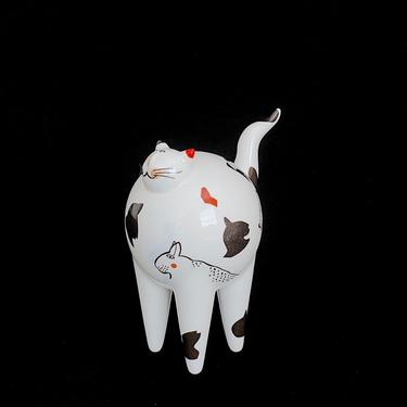 Vintage Villeroy and Boch Whimsical Porcelain Cat Figurine Made in France White Black and Red 