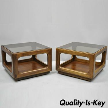 Pair of Vintage Low Walnut Mid Century Modern Glass Top Side Tables Attr to Lane