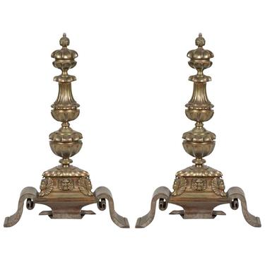 Pair of Bronze & Wrought Iron Figural Andirons