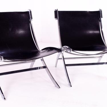Paul Tuttle for Flexform Mid Century Black Leather and Chrome Lounge Chairs - Pair - mcm 