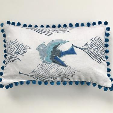 Embroidered Dove Pillow in Blue