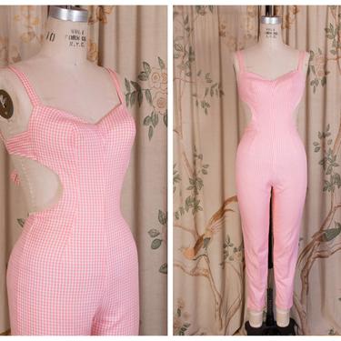 1960s Jumpsuit - The Gidget Gingham - Bombshell Vintage 60s Cutaway Backless Pink and White Gingham Cigarette Pant Jumpsuit 