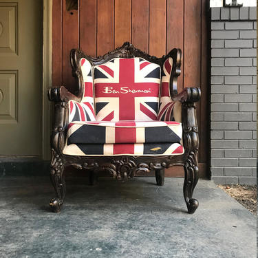 Vintage Ben Sherman Wing Back Lounge Club Chair SkipJack British Flag Wingback Victorian Easy Rococo 