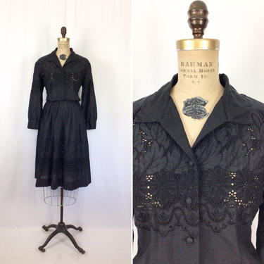 Vintage 50s dress | Vintage black eyelet embroidered long sleeve day dress | 1950s Jeanne Model shirtwaist dress 