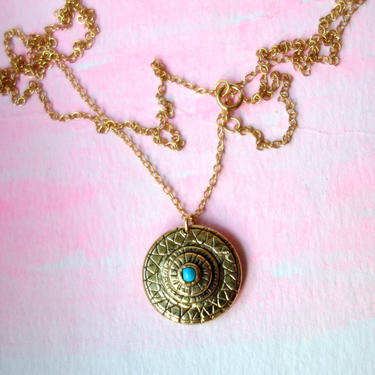 Carved Brass Medallion Pendant with Sleeping Beauty Turquoise on long 24&amp;quot; gold filled chain 