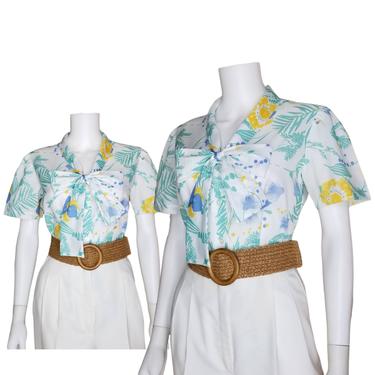 Vintage Floral Blouse, Small Medium / 1970s Button Blouse / Yellow and Blue Floral Pussybow Blouse / Summery Short Sleeve Tie Collar Blouse 