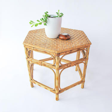 Vintage Woven Rattan and Bamboo Hexagon Side Table/Plant Stand 