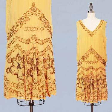1920s Dress / 20s Flapper Dress BEADED Silk Chiffon / M L 