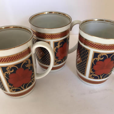 Vintage (3) Asian Imari Inspired Mugs from Fitz and Floyd Dated 1975- Nieman Marcus- Gold BLue and Red- 