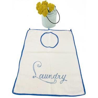 Vintage 1920s Hand Embroidered Blue &amp; White Laundry Bag 