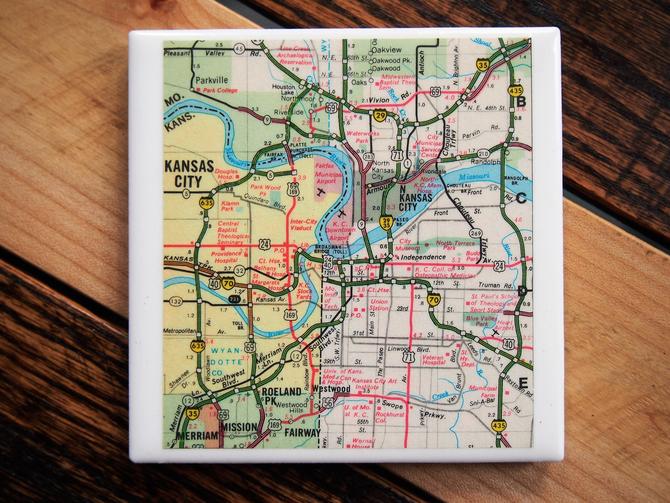 1972 Kansas City Vintage Map Coaster, Ceramic Tile Kansas City