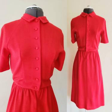 1960s Red Wool Dress Button Down Front / 60s Short Sleeved Shirtwaist Dress Mod /  Small / Vivienne 