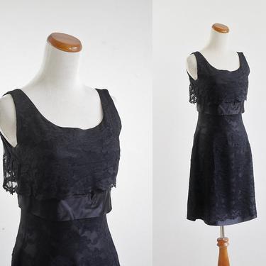 Vintage 60s Little Black Dress, Lace Minidress, 1960s Black Wiggle Dress, Sleeveless Cocktail Dress, LBD Small Medium 