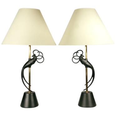 Rembrandt Lovebird Table Lamps in Brass &amp; Iron, Pair 