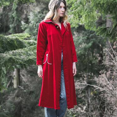 40's Vintage Wool Coat | Red + White Holiday Duster Jacket | 1940's Nightgown Robe | Retro Wool Trench Coat 
