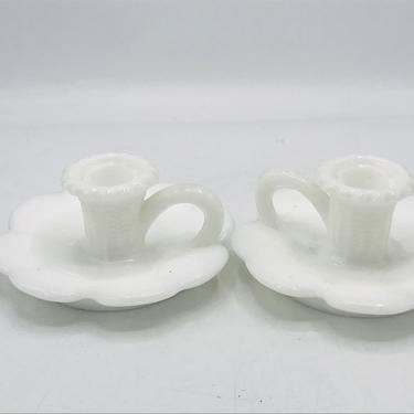 Vintage (2) White Milk Glass  Flower Shaped Candlestick set Candle Holders- Chip Free 