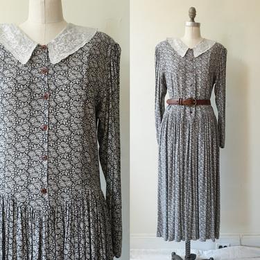 Vintage 80s Rose Print Romantic Midi Dress/ 1980s Drop Waist Prairie Rayon Floral Dress/ Size Medium 
