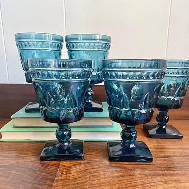 Set of 5- Vintage Indiana Glass Cocktail Goblet Wine Water Glasses; Colony Park Lane Blue Teal Faceted Pattern, MCM Barware 