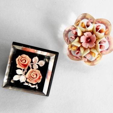 Two Reverse Carved Lucite Flower Brooches 