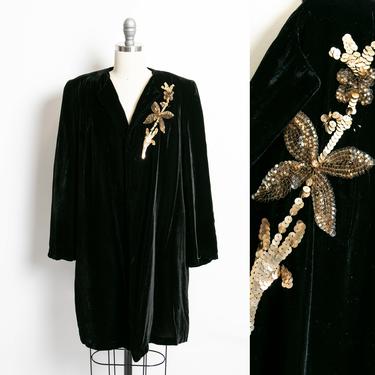 Vintage 1940s Jacket Black Velvet Sequin Gold Swing Coat S / M 