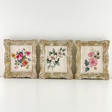 Set of 3 Vintage Framed Floral Ceramic Tiles, Small Wall Decor, Floral Tile Art Plaques, Farmhouse Country Cottage Decor 