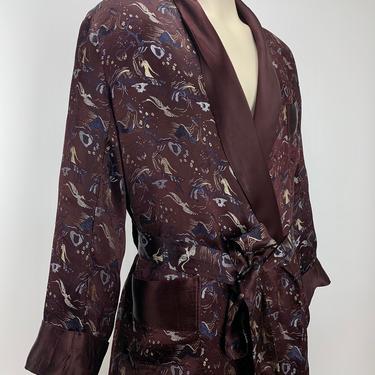 1940'S Lounge Robe - Asian Brocade Print with Cranes and Women - Patch Pockets and Matching Sash - Men's Size Medium 